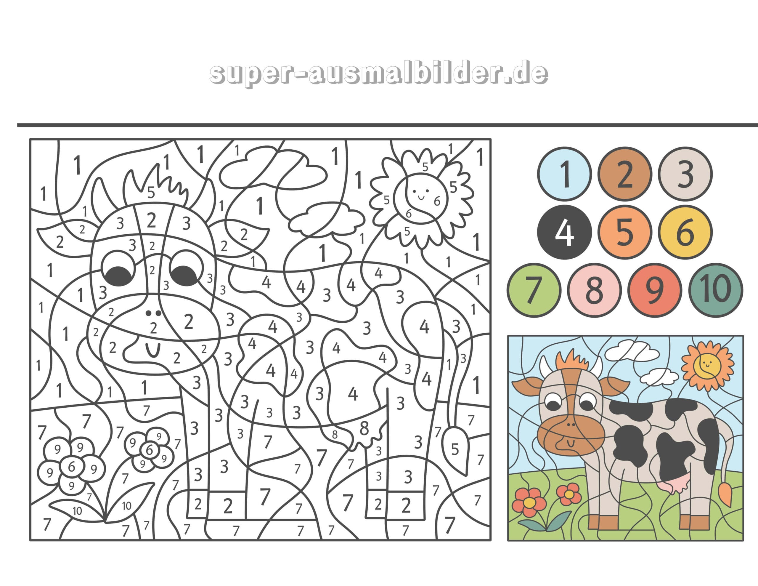 Ausmalbild Kuh – Lustige Kuh mit Blumen und Sonne, Malvorlage nach Zahlen kostenlos zum Drucken für Kinder