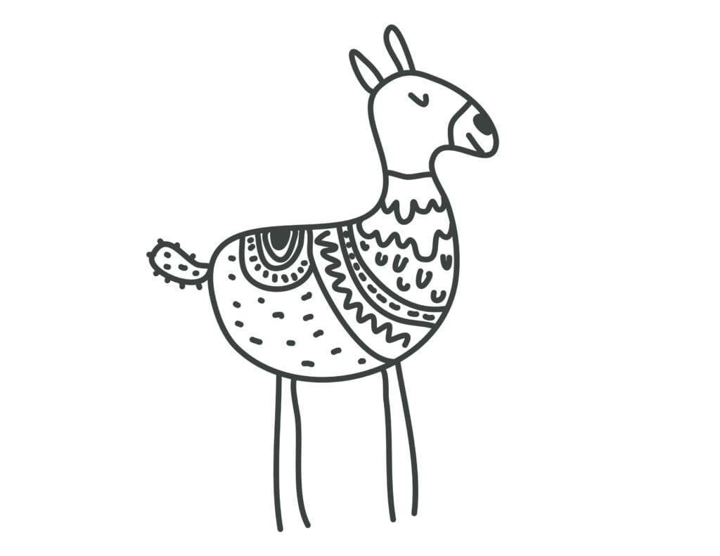 Ausmalbild Lama Stehendes Lama mit dekorativem Muster auf dem Körper, kostenlose Malvorlage für Kinder zum Ausdrucken