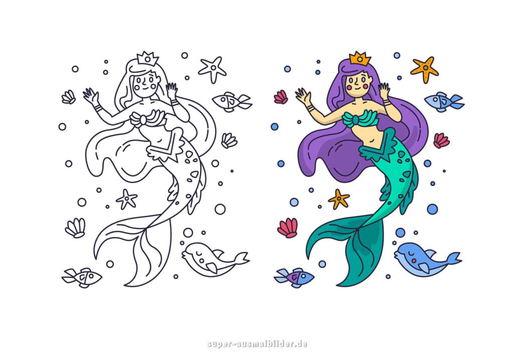Ausmalbild Meerjungfrau Prinzessin – schöne Meerjungfrau mit Krone, Fischen und Seesternen, kostenlose Malvorlage zum Ausdrucken für Kinder