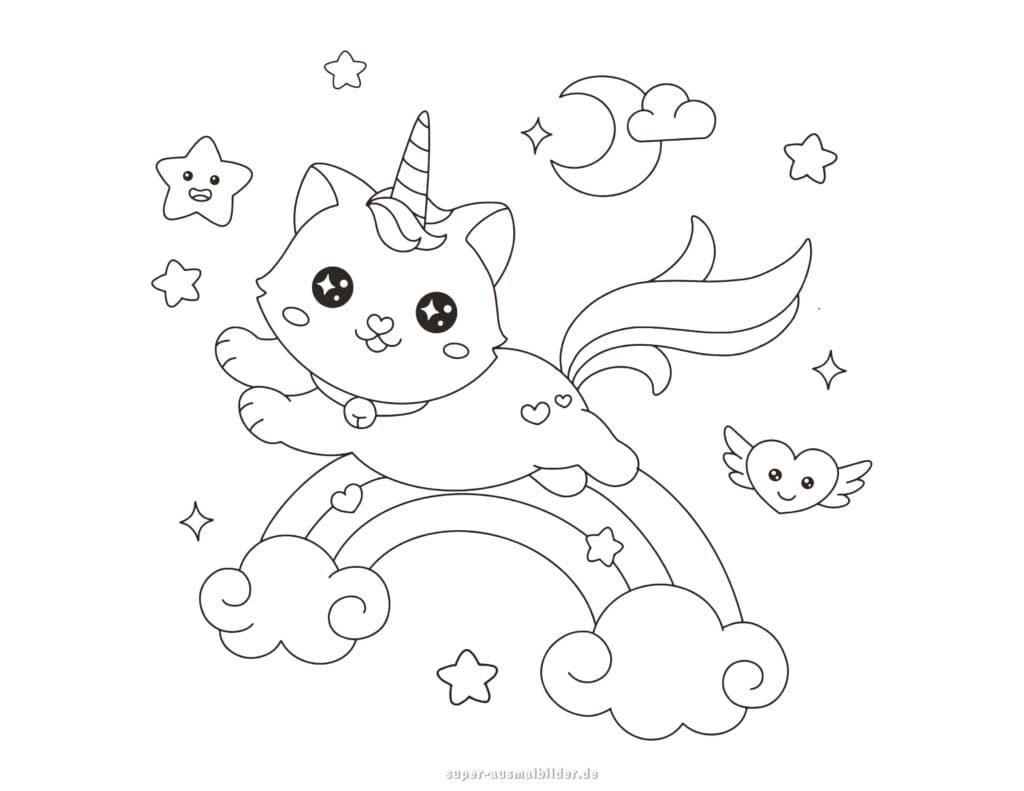 Ausmalbild Regenbogen Katze mit Einhornhorn Fantasie Malvorlage mit Wolken und Sternen, kostenlos zum Drucken