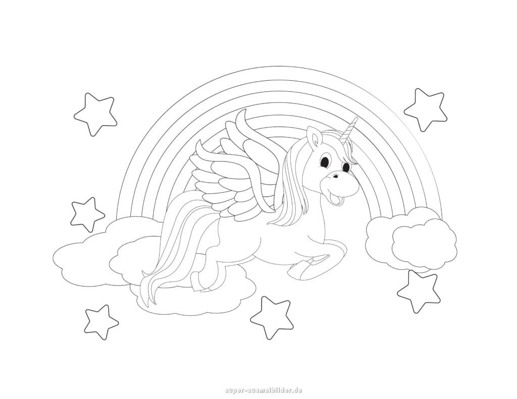 Ausmalbild Regenbogen mit Einhorn Geflügeltes Einhorn springt über Wolken unter einem Regenbogen mit Sternen, schöne Malvorlage kostenlos für Kinder zum Ausdrucken