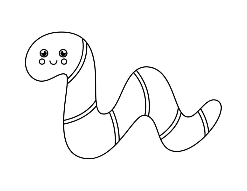 Ausmalbild Regenwurm Lustiger Wurm mit Lächeln und großen Augen, einfache Malvorlage für Kinder zum Ausdrucken