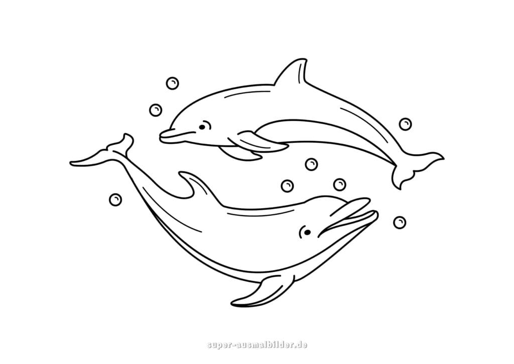 Ausmalbilder Delphine – Zwei spielende Delphine mit Blasen unter Wasser, kostenlose Delphin Malvorlage zum Drucken und Ausmalen für Kinder