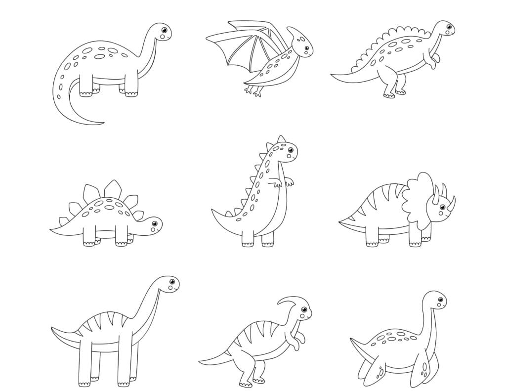 Ausmalbilder Dinosaurier Set mit neun Dino Arten wie Stegosaurus, Triceratops und Langhals, Malvorlagen für Kinder kostenlos
