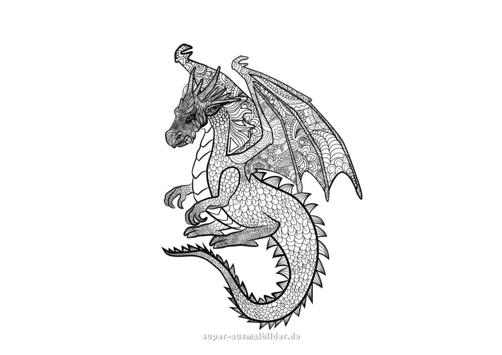 Ausmalbilder Drachen – Detailreicher Fantasie Drache mit Ornamenten und Schuppen, Malvorlage kostenlos zum Ausmalen für Erwachsene