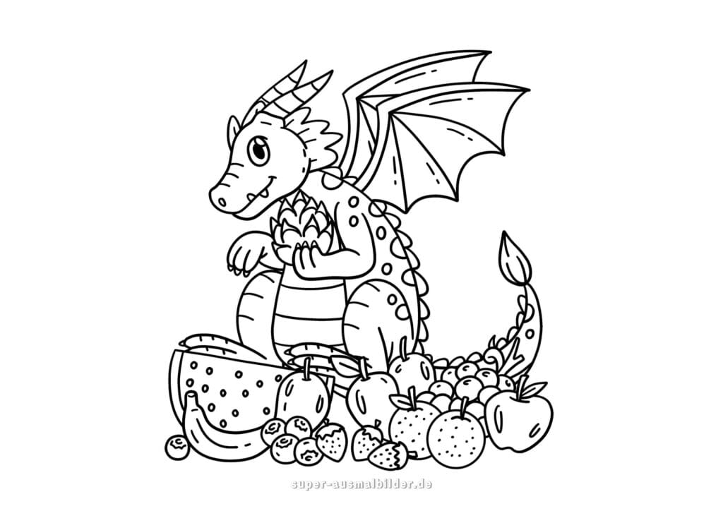 Ausmalbilder Drachen – Drache mit Flügeln sitzt zwischen Obst und Früchten, kreative Malvorlage für Kinder kostenlos zum Ausmalen
