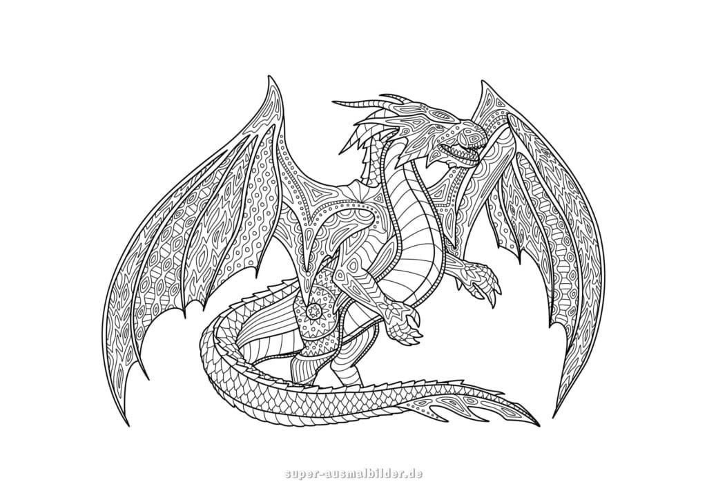 Ausmalbilder Drachen – Fantasie Drache mit dekorativen Mustern und großen Flügeln, detailreiche Malvorlage für Erwachsene zum Ausmalen kostenlos