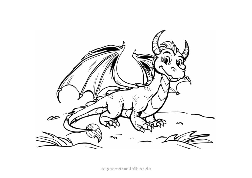 Ausmalbilder Drachen – Freundlicher Drache mit Flügeln und Hörnern, lustige Malvorlage für Kinder zum Ausmalen kostenlos