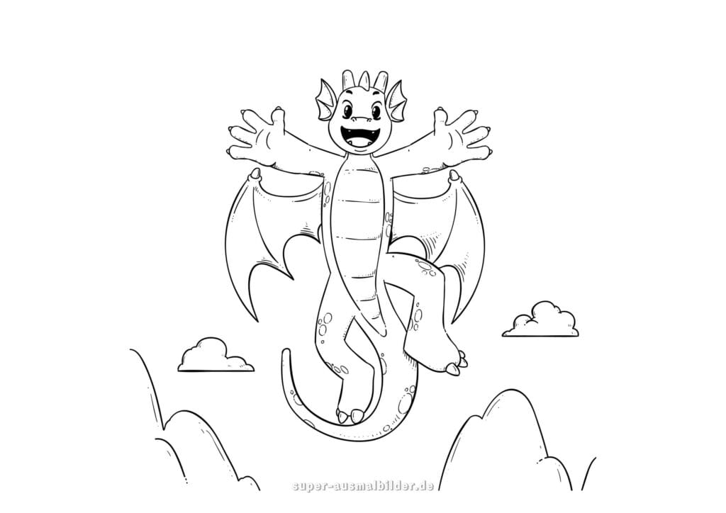 Ausmalbilder Drachen – Fröhlicher Drache fliegt zwischen Wolken, Malvorlage für Kinder kostenlos zum Ausmalen