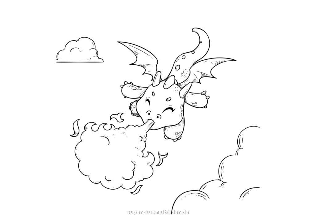 Ausmalbilder Drachen – Kleiner Baby Drache spuckt Feuerwolke, Malvorlage kostenlos zum Ausdrucken