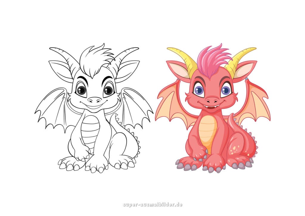 Ausmalbilder Drachen – Lustiger roter Drache mit Flügeln und Hörnern, Drachen Malvorlage für Kinder kostenlos zum Drucken (mit farbigem Beispiel)