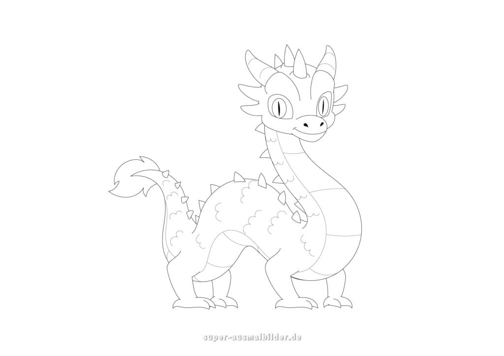 Ausmalbilder Drachen – Niedlicher Drache mit Schuppen und kleinen Hörnern, Drachen Malvorlage zum Ausdrucken für Kinder