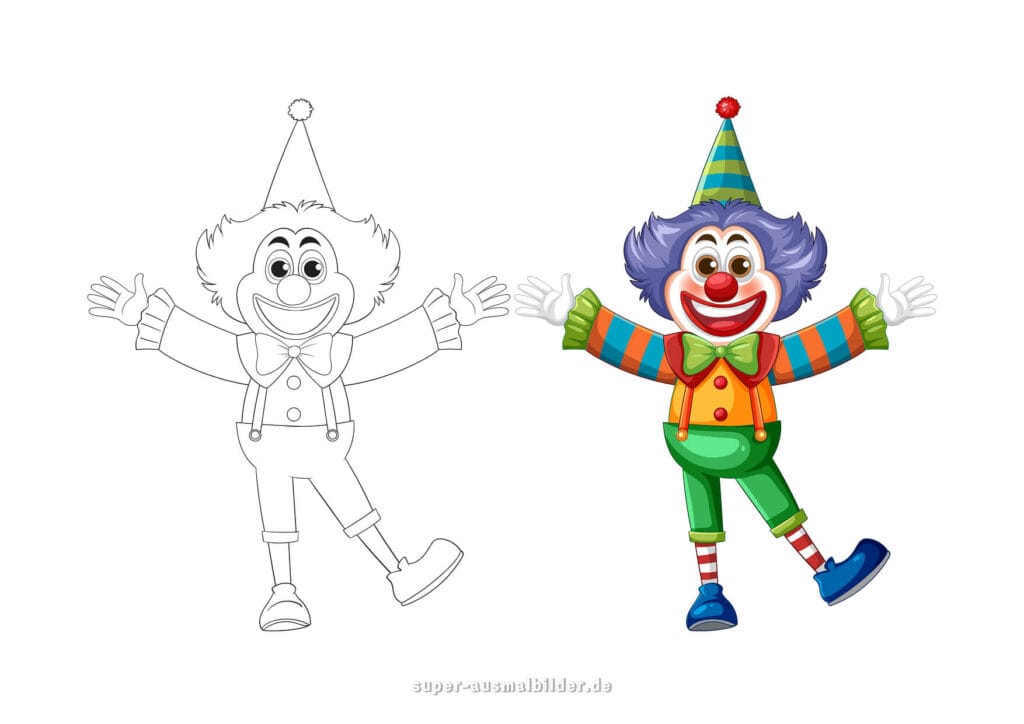 Ausmalbilder Fasching Lustiger Clown mit bunter Kleidung, Partyhut und breitem Lächeln, kostenlose Malvorlage für Kinder zum Ausdrucken und Ausmalen