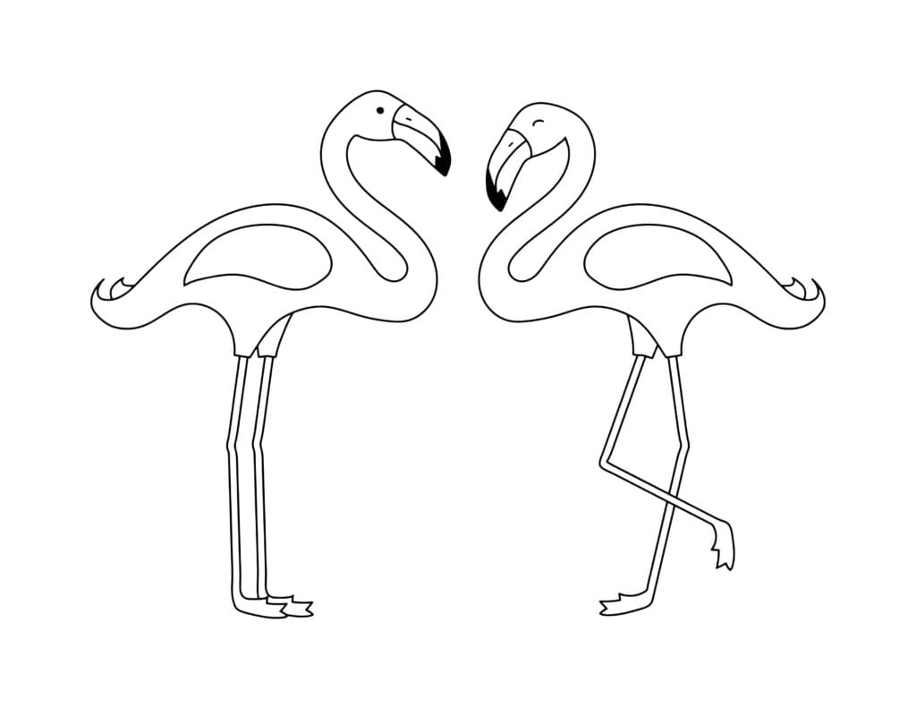 Ausmalbilder Flamingo Zwei Flamingos stehen gegenüber, einer mit gehobenem Bein, kostenlose Malvorlage zum Drucken für Kinder