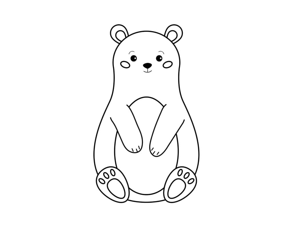 Bär Ausmalbild sitzender kleiner Bär mit runden Ohren und Pfoten, einfache Malvorlage kostenlos zum Ausdrucken für Kinder