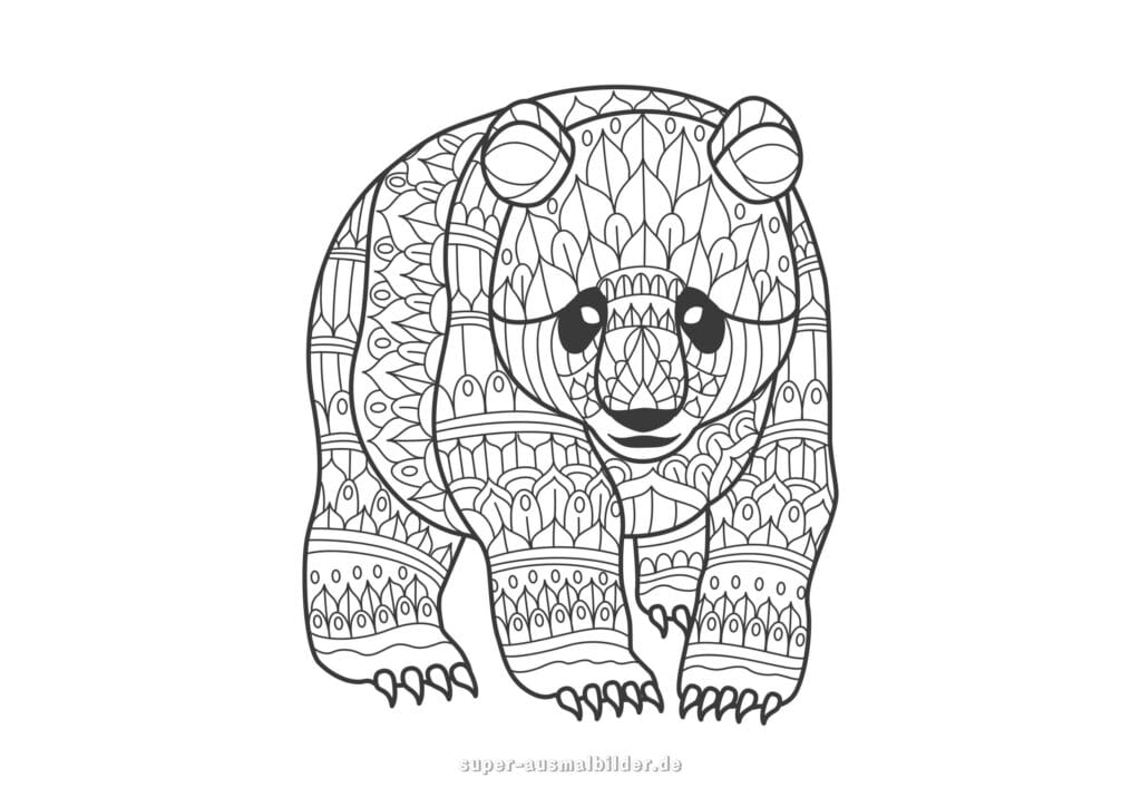 Bär Mandala Ausmalbild – dekorativer Bär mit Ornamenten und Mustern, Tier Mandala zum Ausmalen Erwachsene, Mandala Ausmalbilder Tiere kostenlos