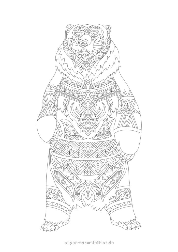 Bär Mandala Ausmalbild – stehender Bär als Mandala zum Ausmalen, Tier Mandala Malvorlage mit Ornamenten, kostenlose Mandala Ausmalbilder für Erwachsene zum Ausdrucken