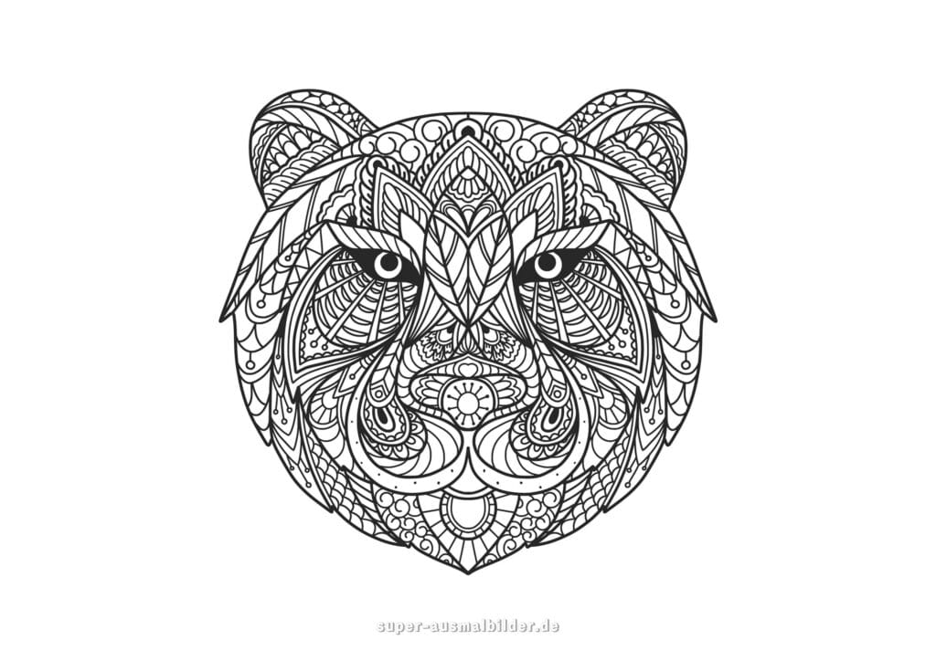Bärenkopf Mandala Ausmalbild – Mandala zum Ausmalen mit detaillierten Mustern, Tier Mandala Kopf vom Bär, Ausmal Mandala für Erwachsene zum Ausdrucken
