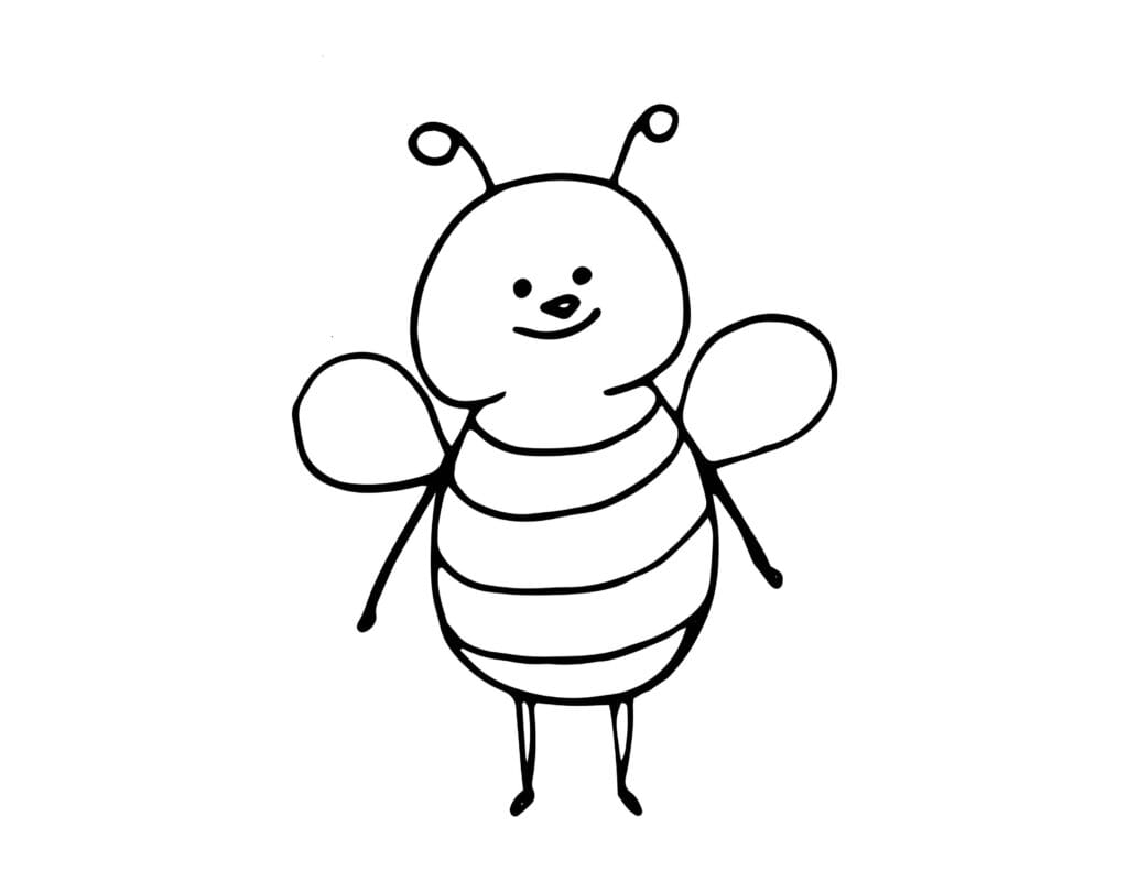 Biene Ausmalbild Einfache Zeichnung einer fröhlichen Biene mit Flügeln, Malvorlage kostenlos für Kinder zum Drucken