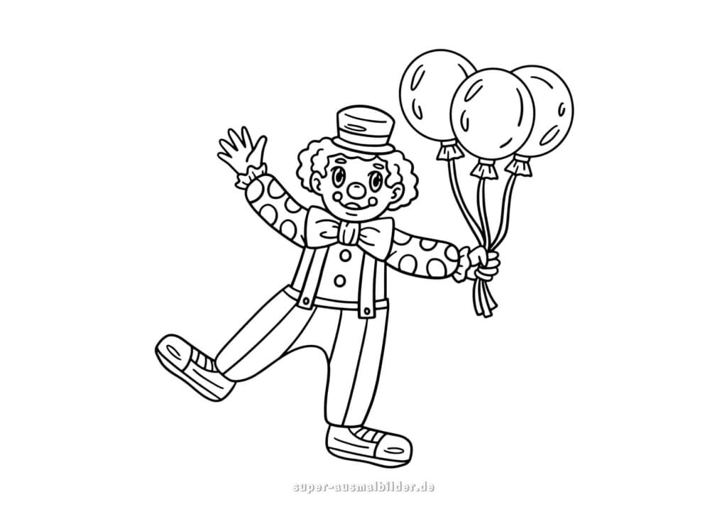 Clown Ausmalbilder Fasching Lustiger Clown mit Luftballons, Karneval Malvorlage kostenlos zum Drucken für Kinder