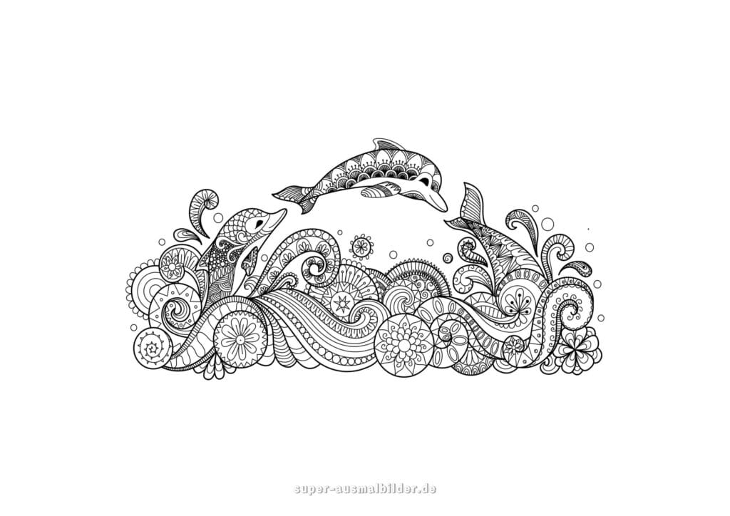 Delfin Mandala Ausmalbild – Mandala mit springenden Delfinen und Wellen, Tier Mandala Ausmalbild Meerestiere, Mandala Ausmalbilder zum Ausdrucken für Kinder und Erwachsene