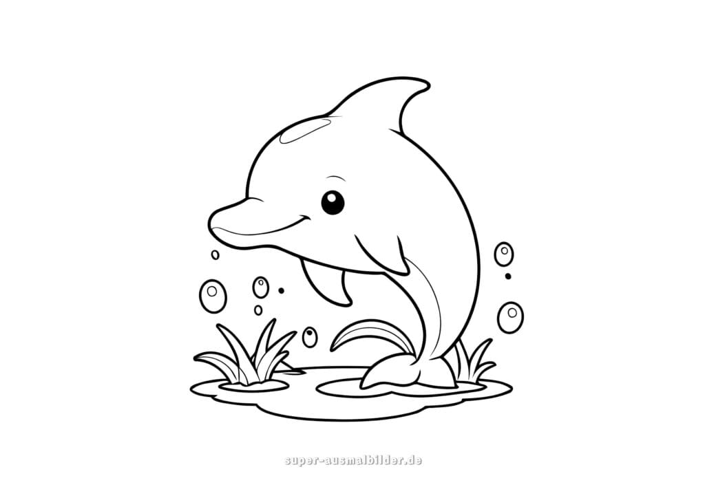 Delphin Ausmalbild – Niedlicher lächelnder Delphin im Wasser mit Pflanzen und Blasen, kostenlose Malvorlage für Kinder zum Drucken und Ausmalen