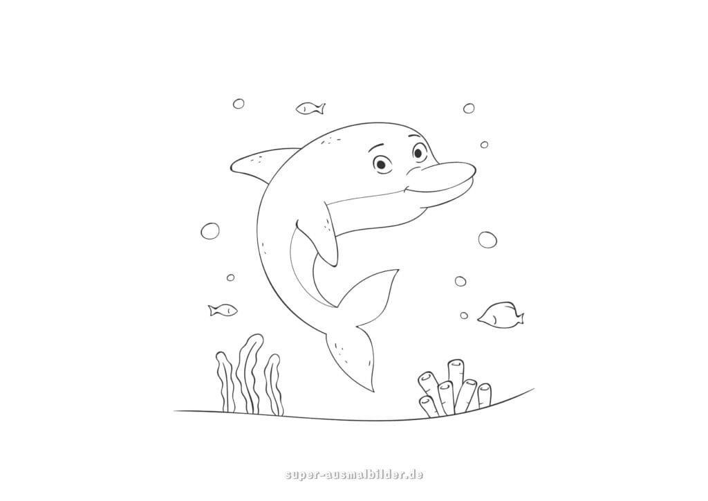 Delphin Ausmalbild – freundlicher Delfin schwimmt unter Wasser mit Fischen und Korallen, einfache Malvorlage für Kinder kostenlos zum Drucken