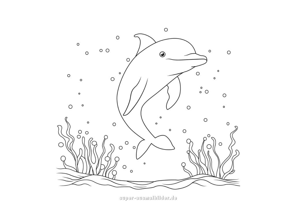 Delphin Malvorlage – Delfin schwimmt zwischen Algen und Blasen im Meer, ausmalbild delphin kostenlos zum Drucken für Kinder