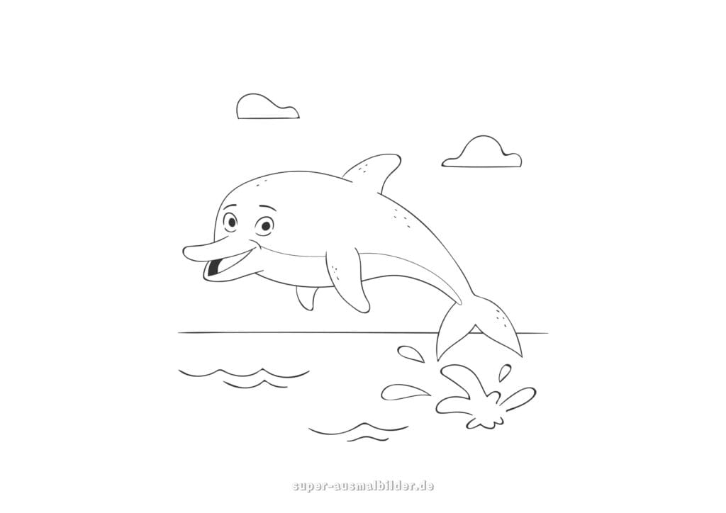 Delphin Malvorlage – glücklicher Delfin springt lachend über das Meer, ausmalbild delphin kostenlos zum Drucken für Kinder