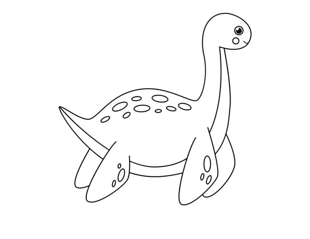 Dinosaurier Ausmalbild Lustiger Dinosaurier mit langem Hals und großen Flossen, kostenlose Malvorlage für Kinder zum Drucken und Ausmalen