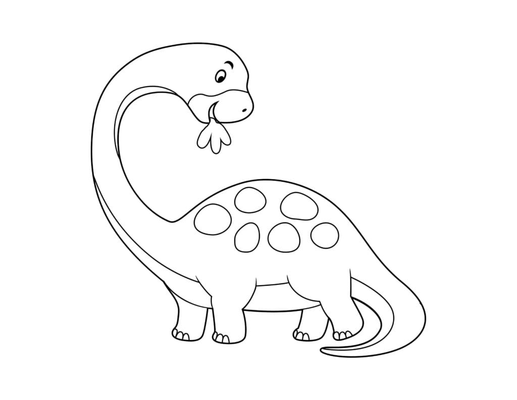 Dinosaurier Ausmalbilder Langhals Dino mit Flecken frisst Blatt, kostenlose Malvorlage für Kinder zum Drucken