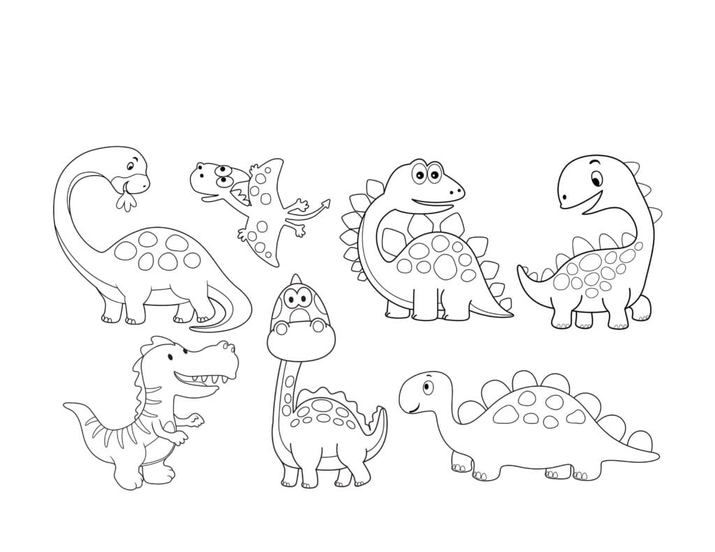 Dinosaurier Ausmalbilder – Sammlung von lustigen Dinos Brachiosaurus, Flugsaurier, Stegosaurus und T Rex, kostenlose Malvorlagen für Kinder