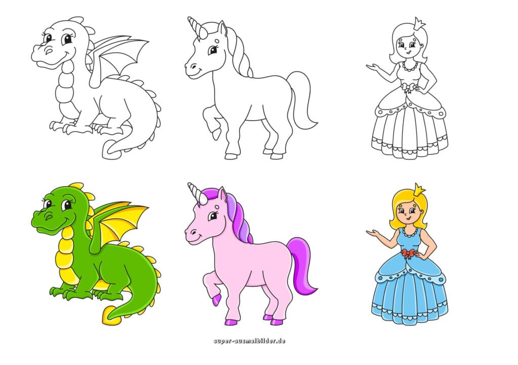 Drache, Einhorn und Prinzessin – Ausmalbilder mit farbigem Beispiel, kostenlose Malvorlagen Prinzessin für Kinder