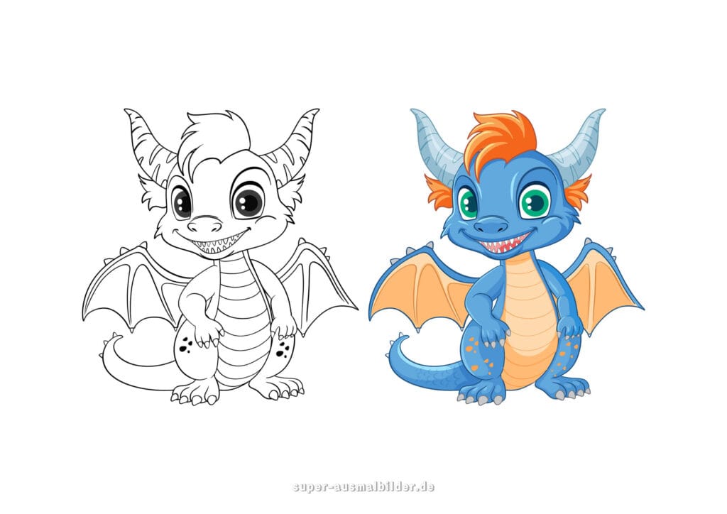 Drachen Ausmalbild – Blauer Baby Drache mit großen Augen und Hörnern, Malvorlage zum Ausmalen für Kinder, kostenlos zum Ausdrucken (mit farbigem Beispiel)