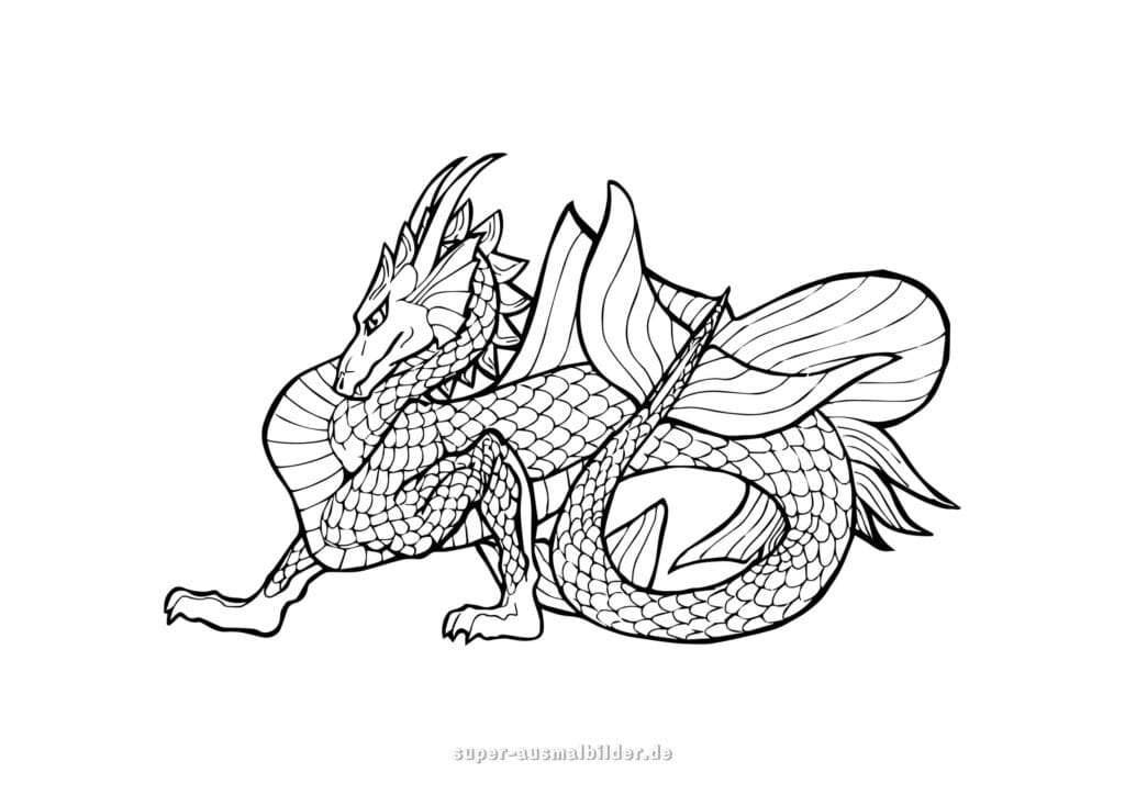 Drachen Ausmalbild – Fantasie Drache mit Schuppen und großen Flossen, detailreiche Drachen Malvorlage kostenlos zum Ausdrucken für Kinder und Erwachsene