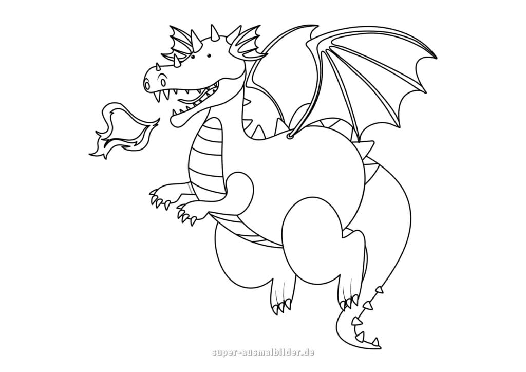 Drachen Ausmalbild – Feuer speiender Drache mit großen Flügeln, lustige Malvorlage für Kinder kostenlos zum Ausdrucken