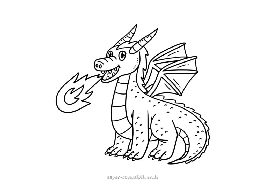 Drachen Ausmalbild – Freundlicher Drache spuckt Feuer, kostenlose Malvorlage Drachen zum Ausmalen und Ausdrucken für Kinder