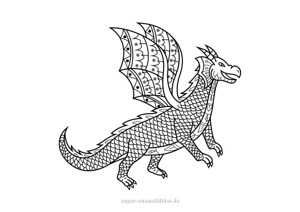 Drachen Ausmalbild – Fröhlicher Drache mit dekorativen Flügeln und Schuppen, Malvorlage kostenlos zum Ausdrucken für Kinder