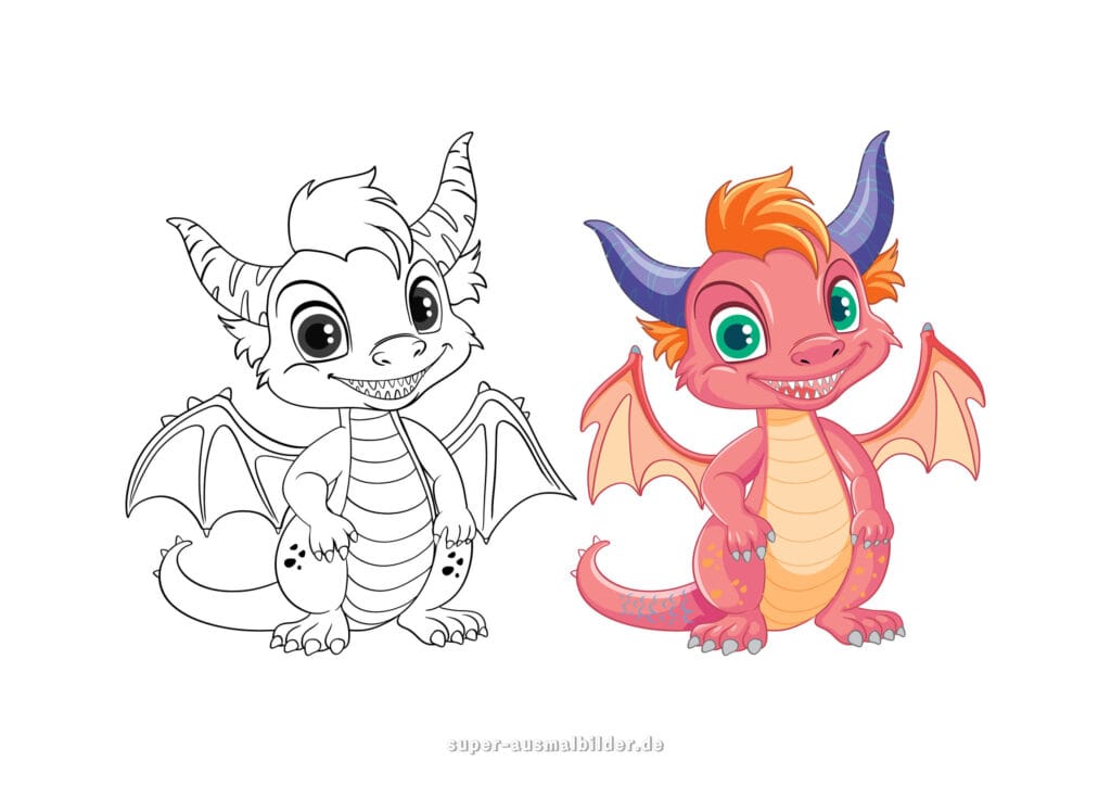 Drachen Ausmalbild – Niedlicher roter Drache mit lila Hörnern und Flügeln, kostenlose Malvorlage für Kinder zum Ausdrucken (mit farbigem Beispiel)