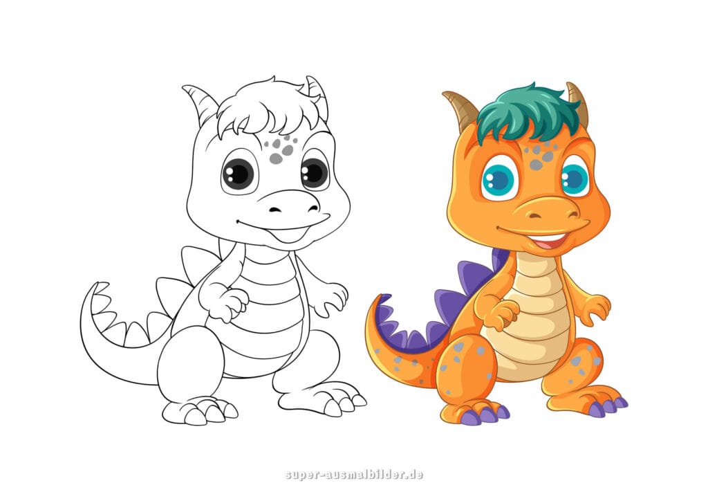 Drachen Ausmalbild – Süßer Baby Drache mit großen Augen, Malvorlage zum Ausmalen für Kinder, kostenlos zum Ausdrucken (mit farbigem Beispiel)