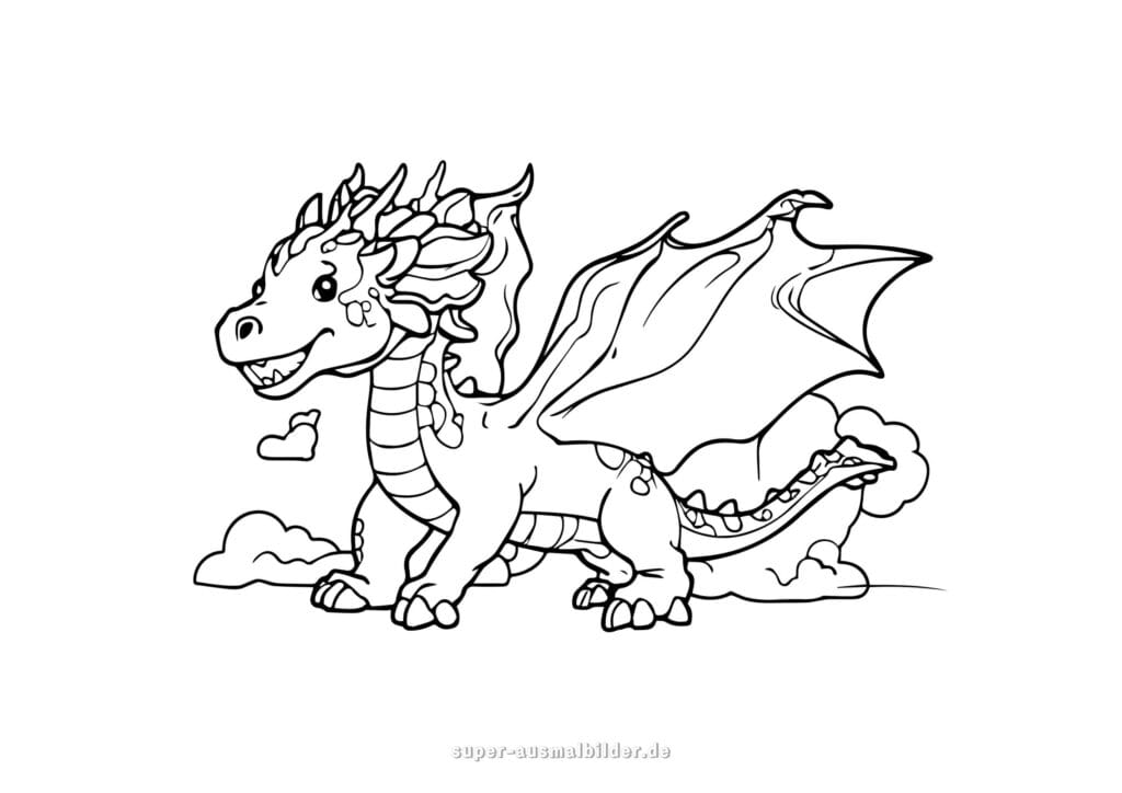 Drachen Ausmalbilder – Lächelnder Drache mit Wolken im Hintergrund, Malvorlage zum Ausdrucken kostenlos für Kinder