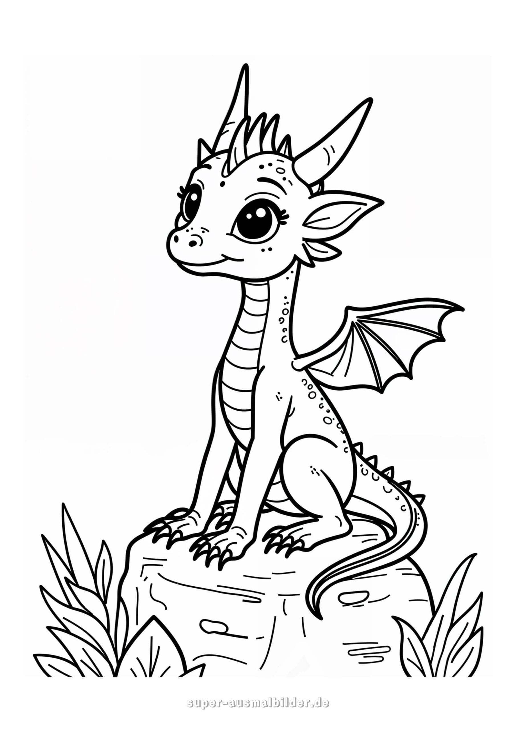 Drachen Malvorlage – Detailreiche Zeichnung eines Drachens auf einem Felsen sitzend, kostenlose Drachenbilder zum Ausmalen für Kinder