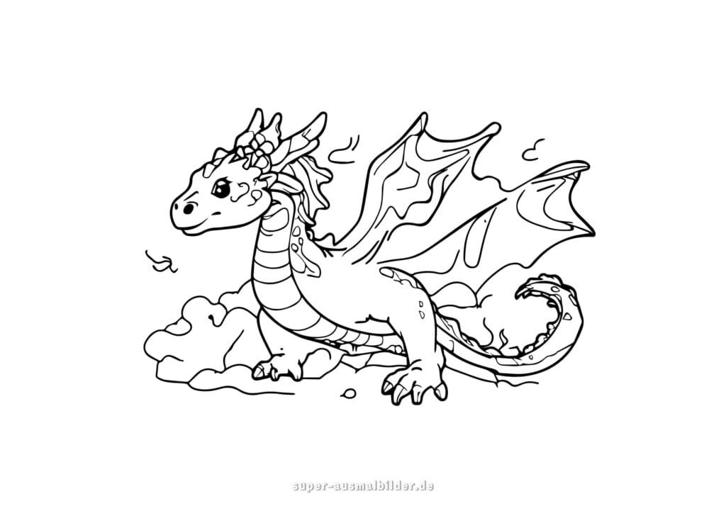 Drachen Malvorlage – Detailreicher Drache mit großen Flügeln in einer Wolkenlandschaft, kostenloses Ausmalbild für Kinder und Erwachsene
