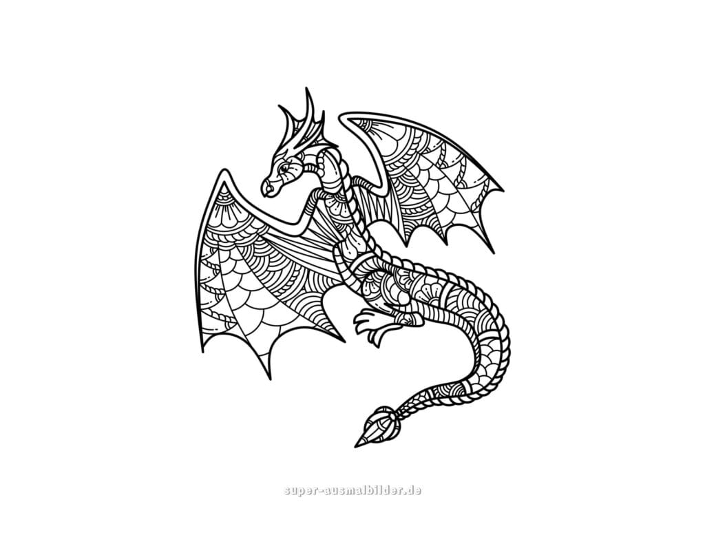 Drachen Malvorlage – Fliegender Drache mit Mustern auf den Flügeln, Ausmalbild kostenlos für Kinder und Erwachsene