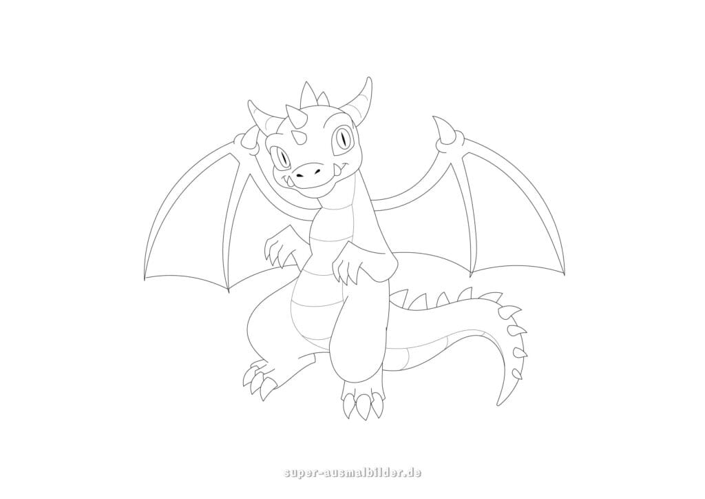 Drachen Malvorlage – Kleiner Drache mit großen Flügeln und Hörnern, Drachenbilder zum Ausmalen und Drucken kostenlos