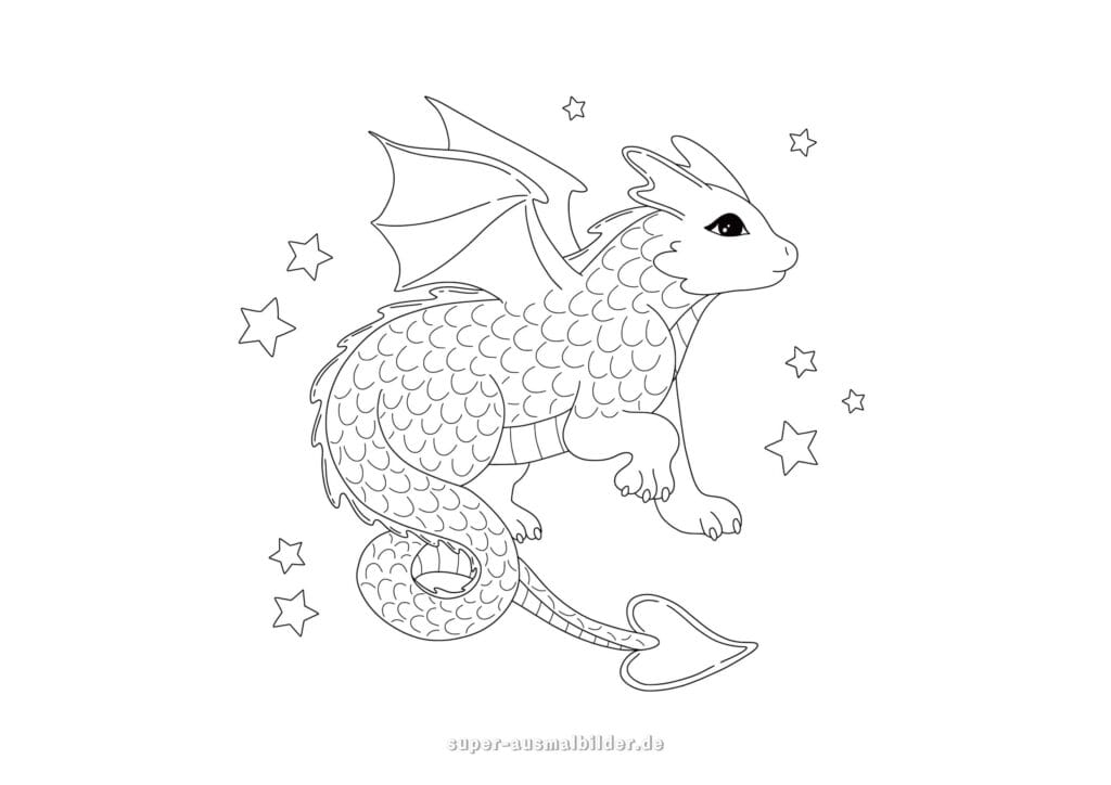 Drachen Malvorlage – Kleiner Wasserdrache mit Flügeln und Schuppen, umgeben von Sternen, kostenlose Ausmalbilder Drachen für Kinder