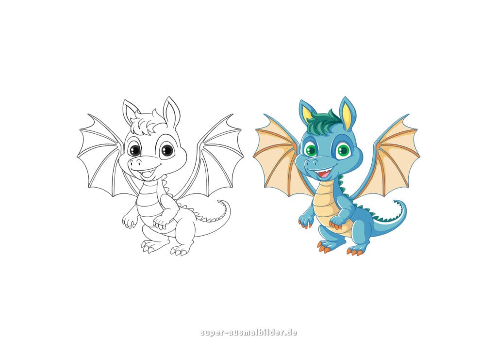 Drachen Malvorlage – Kleiner blauer Baby Drache mit Flügeln, Ausmalbilder Drachen kostenlos zum Ausdrucken (mit farbigem Beispiel)