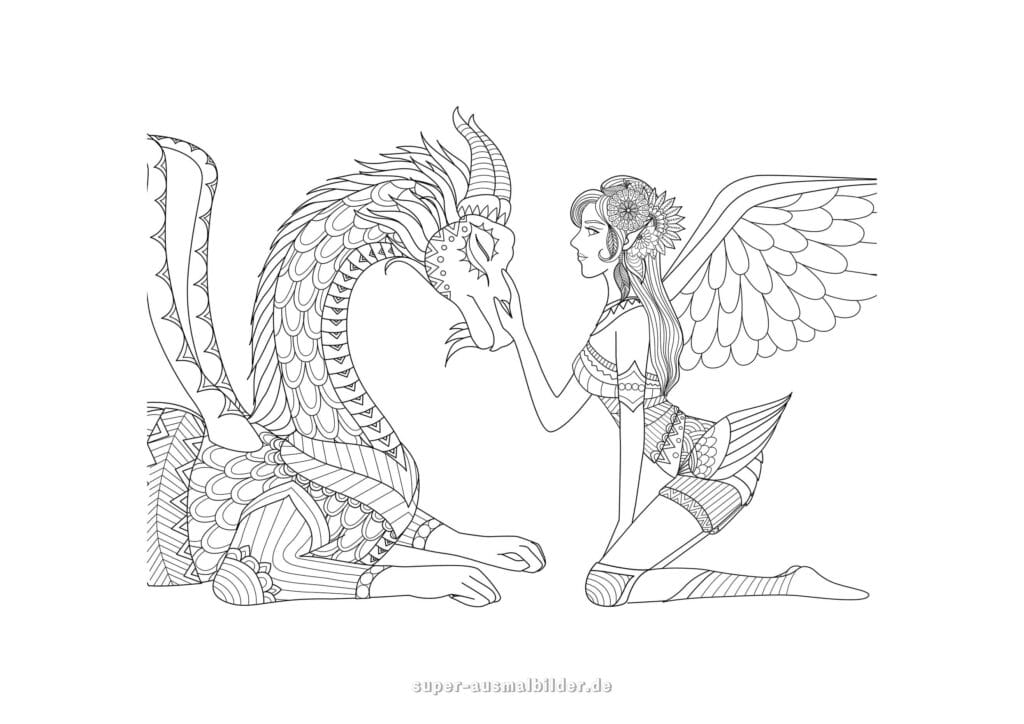 Drachen Malvorlage – Mädchen mit Flügeln streichelt Drachen, fantasievolle Ausmalbilder kostenlos zum Ausdrucken für Kinder und Erwachsene
