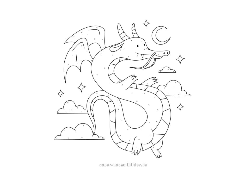 Drachen Malvorlage – Schlanker Drache mit Flügeln am Nachthimmel, kostenlose Ausmalbilder mit Mond und Sternen