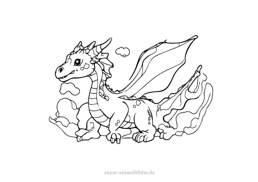 Drachen zum Ausmalen – Fantasie Drache mit Flügeln und Wolken, kostenlose Malvorlage für Kinder und Erwachsene